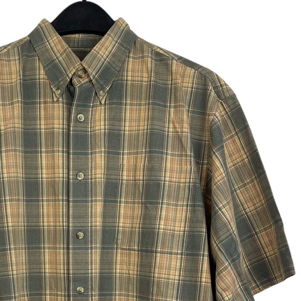 Cabelas Mens Large Plaid Short Sleeve Button Down Shirt Green Tan Cotton